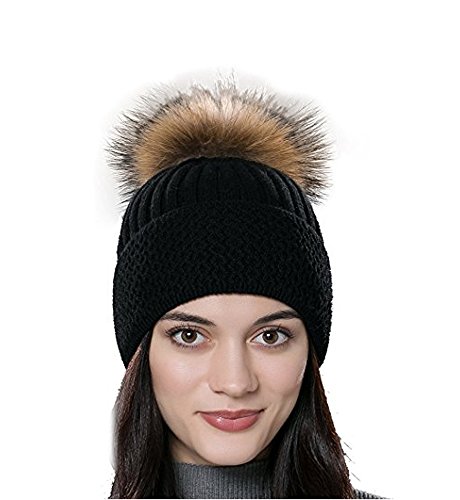 DUVERT Bonnet Femme Hiver/Tuques d'hiver/Bonnet Chapeau Femme Unisexe Laine tricoté avec Un Pompon de Vrai Raton Laveur Fourrure(Noir)