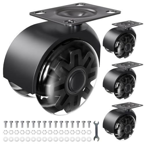 Heavy Duty Plate Casters - No Noise Polyurethane (Pu) Wheels，Load 800lbs，360° Swivel Replacement Casters Set of 4 for Furniture，Cabinet，Cart，Table, Toolbox (Black, 2 inch)