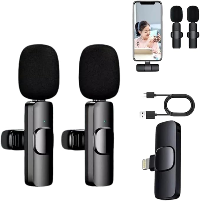 Microfone de Lapela Sem Fio Duplo com Redução de Ruído – Para iPh...