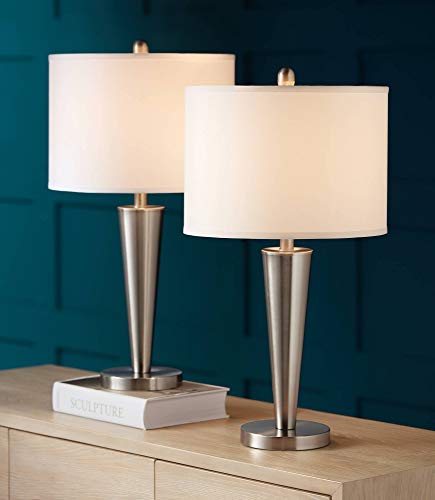 360 Lighting Geoff Modern Table Lamps 26" Tall Set Of 2 With Usb Charging Port Brushed Nickel Metal White Drum Shade For Bedroom Living Room House Desk Bedside Nightstand Office Family #TOP7