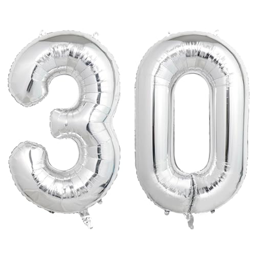 Image of Number Balloons Silver Party Balloon - Giant Number 30 Balloon, 40 Inch Large Balloon for 30th Birthday Decorations, Silver Party Supplies for Anniversary