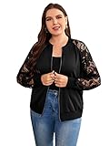La tela no tiene elasticidad Floerns Women\'s Plus Size Sheer Floral Lace Long Sleeve Baseball Jacket Black Lace 2XL
