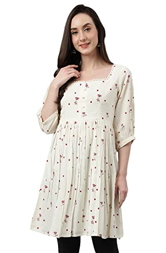 Image of Janasya Women's Cambric Cotton Botanical Print Flared Western Tunic Shirt