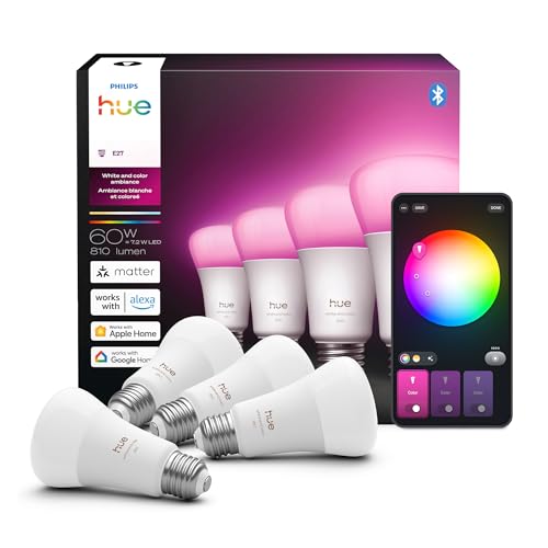 Image of Philips Hue Smart LED A19 Bulb 4-Pack, White Color Ambiance, E26 Base, 7.2W, Full Spectrum Light 1000K-20000K, 810 Lumens, Dimmable, Works with Alexa, Google,& Apple Home