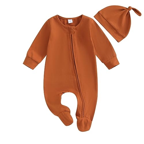 Ayalinggo Newborn Baby Girl Boy Clothes Infant Long Sleeve Soild Footed Romper Zipper Footie Jumpsuit With Hat Fall Outfit