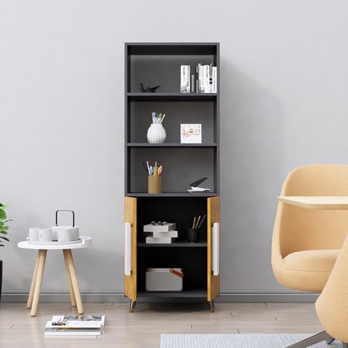 Image of Bniture Book Shelf Wooden | Engineered Wood Bookshelf for Home with 2 Door & 3 Shelf | Multipurpose Open Book Shelf Stand for Library, Study Room & Living Room | Slate Grey & Giant Wood