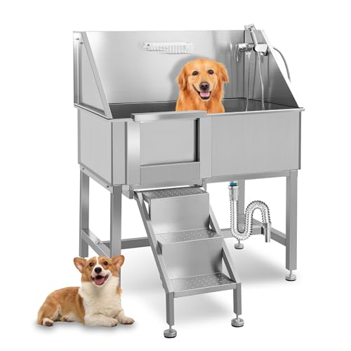 Hasopy 38 Inch Professional Stainless Steel Dog Bathtub Grooming Station, Pet Dog Bath Tub for Large Pets, Pet Wash Station, Dog Shower Tub with Ramp, Faucet, Sprayer and Drain,Left Door