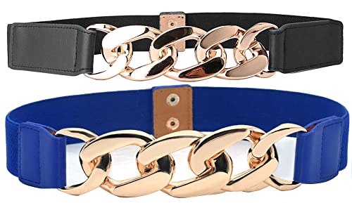 Women's Slim Elastic Waist Belt Punk Thick-Chains Gold Buckle Girdle Corset for Dress