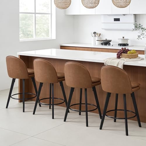 Butacos de altura para barra, set de 4 unidades, modernos giratorios con respaldo, sin brazos, tapizados en cuero sintético, patas de madera maciza, color marrón, para isla de cocina miniatura 1