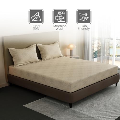 Image of Layers 100% Cotton Bedsheet for King Size Bed | Lumina Floret Collection | 144 TC Soft & Breathable | Printed with 2 Pillow Covers | Wrinkle Free & Colorfast | 3 Piece Bedding Set - Beige
