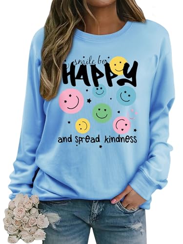 Dresswel Womens Sweatshirt Vintage Funny Smile Face Graphic Print Crewneck Long Sleeve Tops Ladies Pullover Basic Cotton Jumpers Blouse (Light Blue, S)