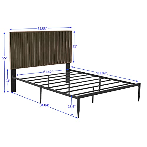Queen Size Upholstered Platform Bed, Queen Bed Frame Brown Velvet With Headboard, No Box Spring Needed, Sturdy Strong Bed Slats, Simple Style Bed Frame For Bedroom, Easy Assembly, Mattress Foundation #TOP1