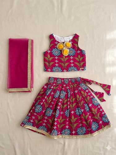 Image of A.T.U.N. (ALL THINGS UBER NICE) Baby Girls Cotton Ethnic Floral Lehenga Choli Set with Lace & Dupatta | Traditional 3-Piece Festive Outfit for Kids