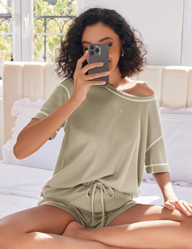 Image of Ekouaer Women's Waffle Knit Two Piece Lounge Set, Soft Matching Outfits for Daily Wear, Casual Shorts Set with Pocket