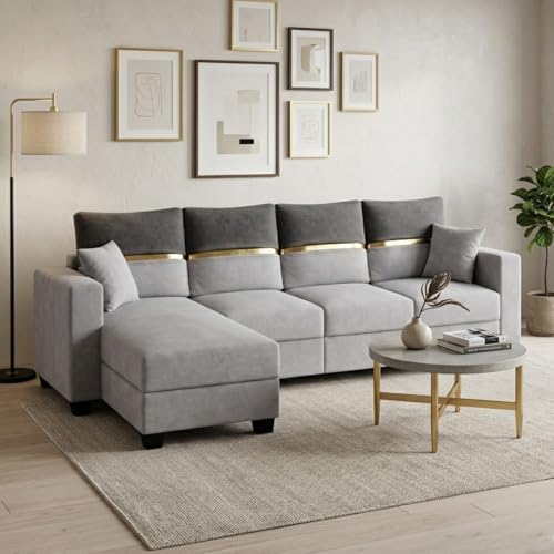 Image of Furny Arvea 5 Seater Fabric LHS L Shape Sofa Set (Light Grey-Dark Grey) | Soft Velvet Fabric | Modern Design | Comfortable Seating | Living Room Furniture