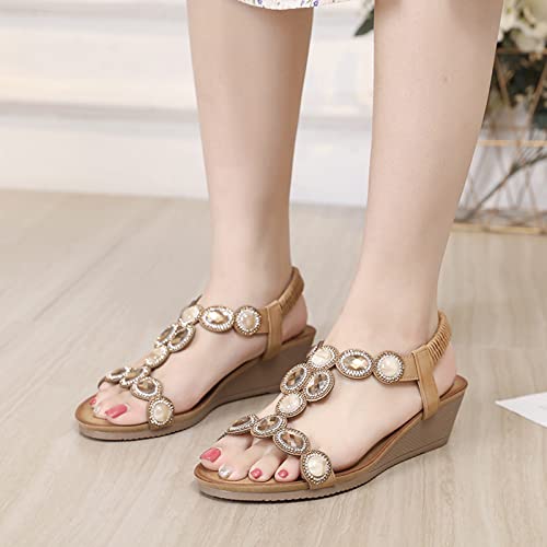 Unifizz Wedge Sandals For Women Bohemia Elastic Ankle Strap Sandals Open Toe Sparkly Rhinestone Summer Platform Outdoor Shoes Sandal(Brown,Size 9.5) #TOP5
