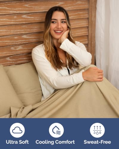 Image of Extra Deep Flex Top Split Head King Fitted Sheet - Hotel Luxury Single Fitted Sheet Only - Easily Fits 18 inch to 24 inch Mattress - Ultra Soft, Wrinkle Free w /Extra Deep Pockets - Heathered Tan