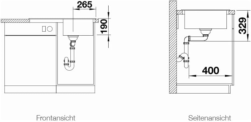 BLANCO SONA 45 S lavabonun ön ve yan montaj boyutlarını gösteren teknik çizim.