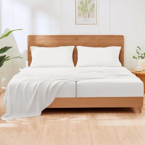 GOKOTTA 5-Pcs Split King Sheets Set for Adjustable Bed with Elastic Corner Straps, 16" Deep Pocket Sleep Number Sheets -Washed & Brushed Microfiber Polyester- Soft, Breathable, Wrinkle-Free - White