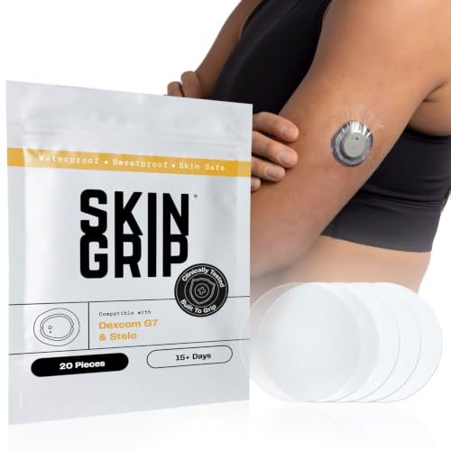 Skin Grip Adhesive Patches Compatible with Dexcom G7 & Stelo CGM – Waterproof & Sweatproof Cover for Continuous Glucose Monitor Sensor, Stays Secure for 10-15 Days – 20 Pack, Clear