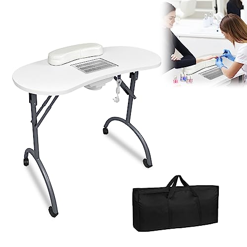 LARS360 Table de manucure avec aspiration, pliable, table de manucure, portable, avec roulettes, sac à poussière, sac de transport (blanc)