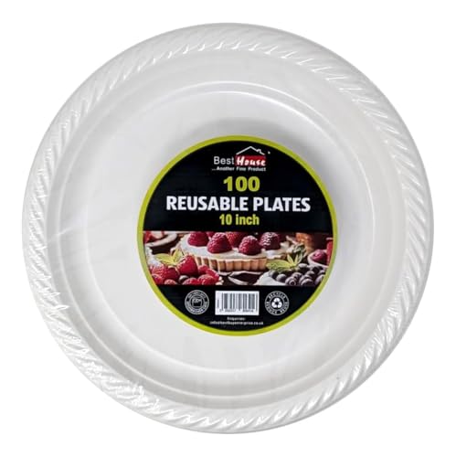 BH | 10" - Reusable Plastic Plates - 100 Pack |10 Inches | Microwave and Dishwasher Safe | White Large. Lunch, Dinner Catering, Events, Parties, and Everyday Use - by Best House