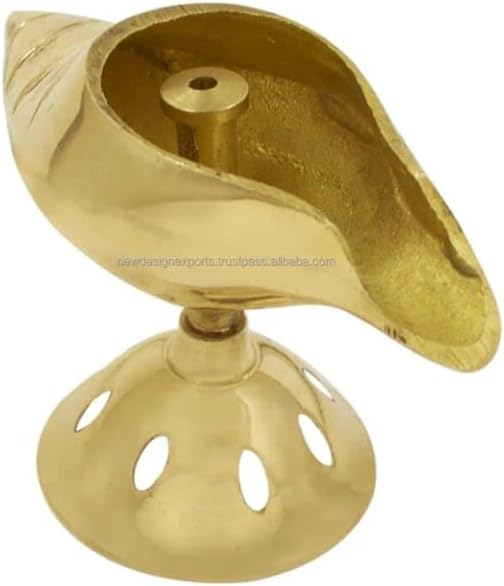 XOMARK Brass Shankh Conch Shell Akhand Deep Oil Lamp, Traditional Golden Finish Pooja Diya for Home Temple, Mandir