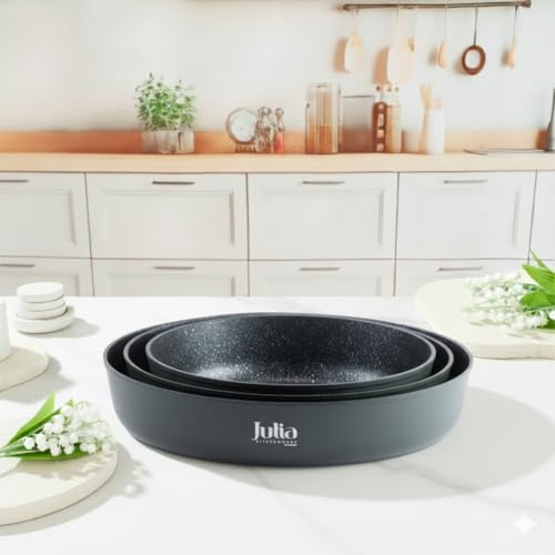 Julia Elite-Pro Round Forged Pan Set 3 Pieces Green Granite Non-Stick Frying Pans In Sizes 20cm 24cm 28cm With Soft-Touch Handles, Durable Lightweight Cookware For All Stove Types
