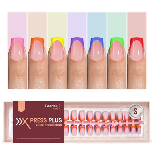 Image of Beetles Soft Gel Summer Press On Nails 224 Pcs 7 Colors, French Tip Short Squoval Classic Fake Tips, Rainbow False Nails Art DIY For Women
