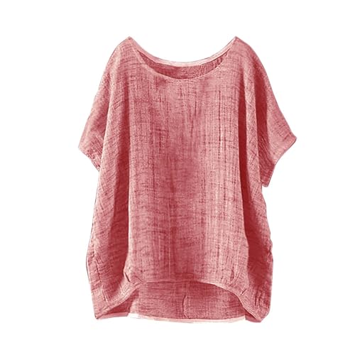 Cotton Linen Tops for Girls Oversized Summer Boho Short Sleeve Shirts Teen Kids Plain Loose (Pink, 7-8 Years)