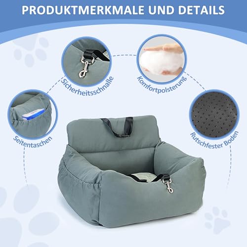 CALIYO Hundeautositz mit Stabiler Basis & Sicherheitsgurt | Hundesitz Auto für Kleine bis 10 kg | Memory Foam-Sitzauflage | Wasserdichter, Abwaschbarer Hundekorb mit Aufbewahrungstasche(Grau-Grün)