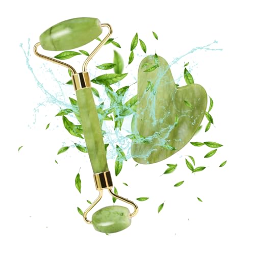 Rullo di Giada per il Viso, Gua Sha, Massaggiatore Lifting Viso e Corpo Jade roller Pietra per Lenire la Pelle Eliminare il Gonfiore degli Occhi Rilassante, Skincare Completo, Regalo di Natale
