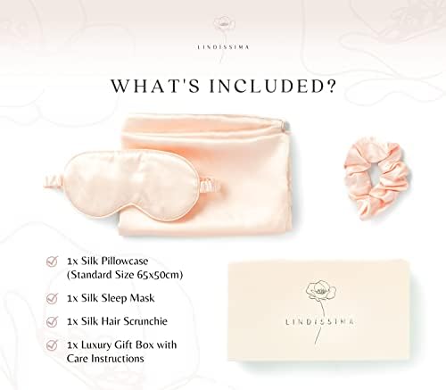 LINDISSIMA - Silk Satin Blend Pillowcase for Hair and Skin, with Eye Mask & Scrunchie in Luxury Pamper Set Packaging, Birthday Gifts for Mum, Gift Sets for Women, Unique Auntie Gifts Better Sleep.