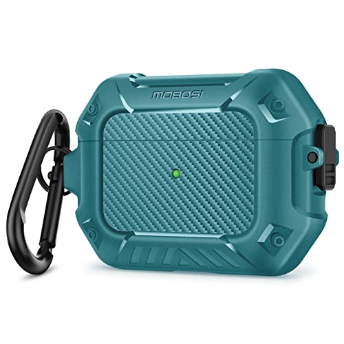 MOBOSI Compatible with AirPods Pro Case, Secure Lock Clip Full Body Shockproof Hard Shell Protective, Carbon Fiber Case Cover with Keychain for AirPod Pro (2019), Turquoise