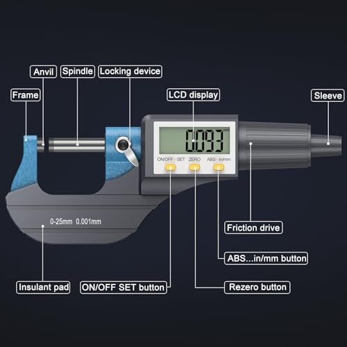 Image of Digital Micrometer, Digital Outside Micrometer 0-25 Mm Range With LCD Display Screw Guage Ideal For Accurate Measuring Dimensions in Inches & MM, + /-0.0001 Accuracy