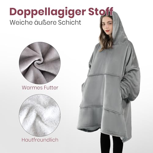 Good Nite Decke mit Ärmeln für Frauen und Männer Sherpa kuscheldecke Tragbare Decken Adult Cosy Sweater Tragbare Warm Decken Übergroßer hoodie mit Taschen Grau (80x85cm)