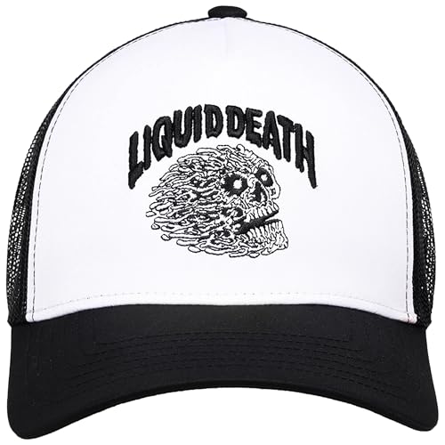 Concept One Liquid Death Trucker Hat with Mesh Back Embroidered Skull Logo Adjustable Snapback Baseball Cap White/Black