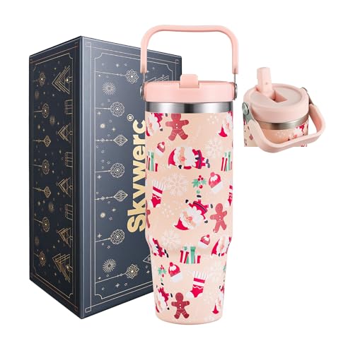 Skywerc 30 oz Christmas Flip Straw Tumbler with Top Handle, Double Wall Vacuum Insulated Tumbler, Christmas Water Bottles Cup, Fit in Cup Holders, Keep Cold for 30 Hrs