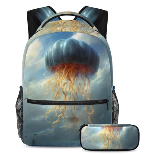 Sac à dos méduse avec trousse ensemble scolaire bleu pour garçons et filles