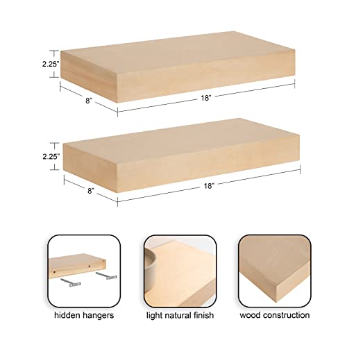 Image of Kate and Laurel Havlock Modern Natural Floating Shelves; Set of 2; 18 x 8; Natural Wood; Mid-Century Bathroom and Kitchen Shelves for Storage and Display Decor