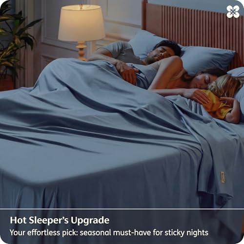 Image of Bedsure PureWoven 100% Rayon Derived from Bamboo, Queen Sheets, 4 Pieces | Cooling Sheets for Hot Sleepers, Breathable & Silky Soft, 16 inch Deep Pocket, Hotel Luxury Bedding, Dusty Blue