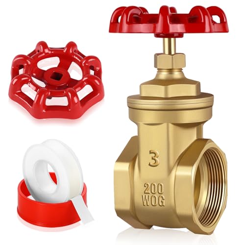 3’’ NPT Brass Gate Valve, 200 WOG Manual Rotary Sluice Valve with Wheel Handle, Double Female Thread Heavy Duty Water Shut Off Gate for Water, Oil, Gas, Plumbing and HVAC Systems