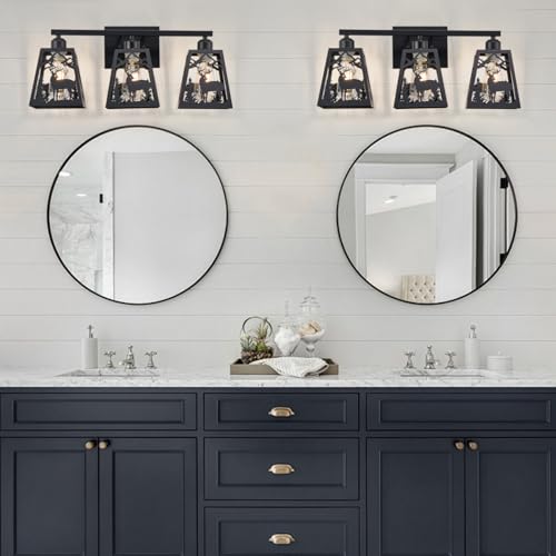 Image of Rustic Bathroom Light Fixtures, 3-Light Farmhouse Vanity Lamp with Deer Design and Openwork Engraved Metal Shade, Wall Lighting for Bathroom, Hallway, Kitchen, Porch