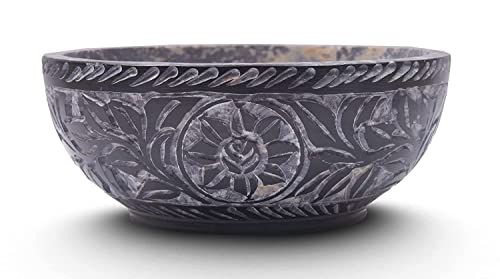 IYB-Hand Carved Natural Stone Bowl, Smudge Bowl, Stone Bowl, Smudge Pot, White Leaf Carved Design |Size_5” x 2” – Black | Ritual Bowl Display Bowl Jewelry Dish Kitchen Table Decor Gift.