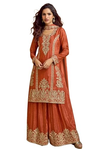 Costume indien en soie Chinon orange pour rayonner lors d'un mariage traditionnel