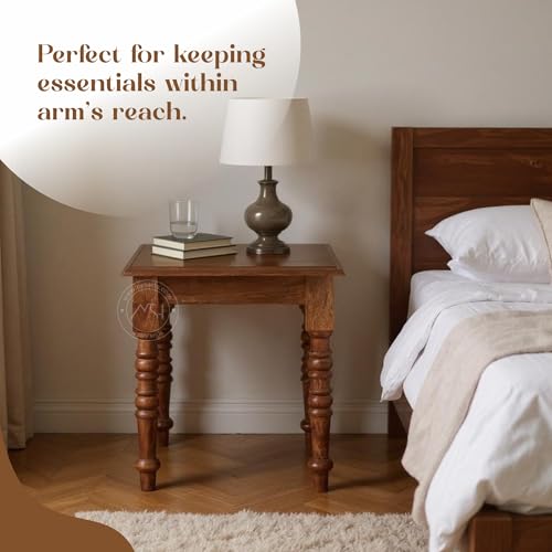 Image of NSH Solid Sheesham Wood Square Top Multipurpose Table Stool | Pre-Assembled, Ideal Corner Stool for Home, Kitchen, Living Room, Bedroom | Honey Finish, 1 Wooden Side Table
