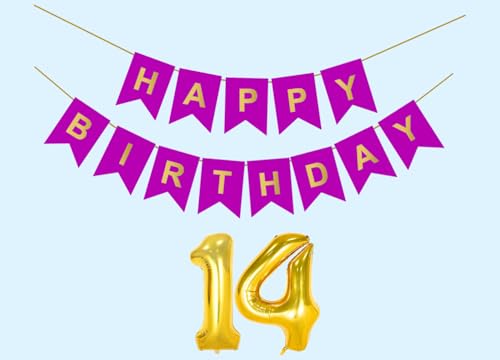 Image of 14th Happy Birthday Decoration Kit Purple for 14 year Old Boys Girls Teenage with Number Fourteen Party Decorations Decor Celebration Items Item Set Combo Reusable Paper Banner