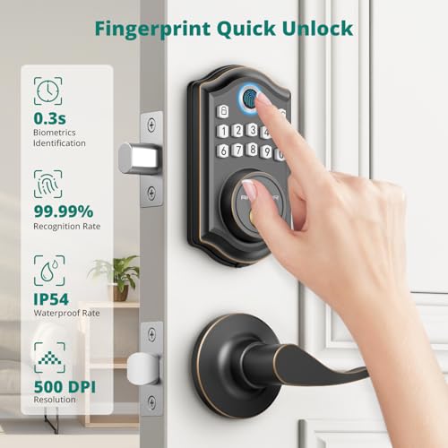 Image of AkaGear DS10 Pro Keyless Entry Door Lock with Handle - 2 Lever Handles, Bluetooth APP Control, Fingerprint Door Locks, Electronic Keypad Deadbolt Lock, Smart Doors Lock, Auto-Lock, Oil Rubbed Bronze
