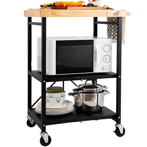 Mythinglogic Foldable Kitchen Storage Cart, 3-Tier Rolling Cart with Solid Oak Top, Heavy-Duty Metal Utility Rack for Microwave, Pots, Dish Set, Meal Prep Area, Kitchen Island on Lockable Wheels