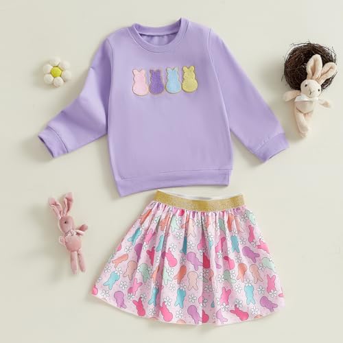 Image of Toddler Girl Easter Outfit Cute Bunny Letter Embroidery Sweatshirt Party Tutu Tulle Skirt Kids Spring Clothes